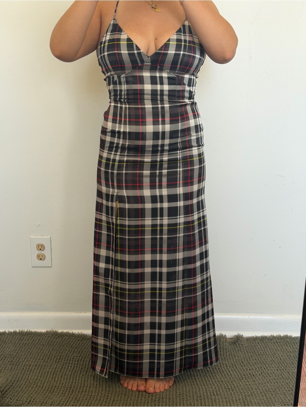 Alice + Olivia Black White Pink Plaid Maxi Slip Dress